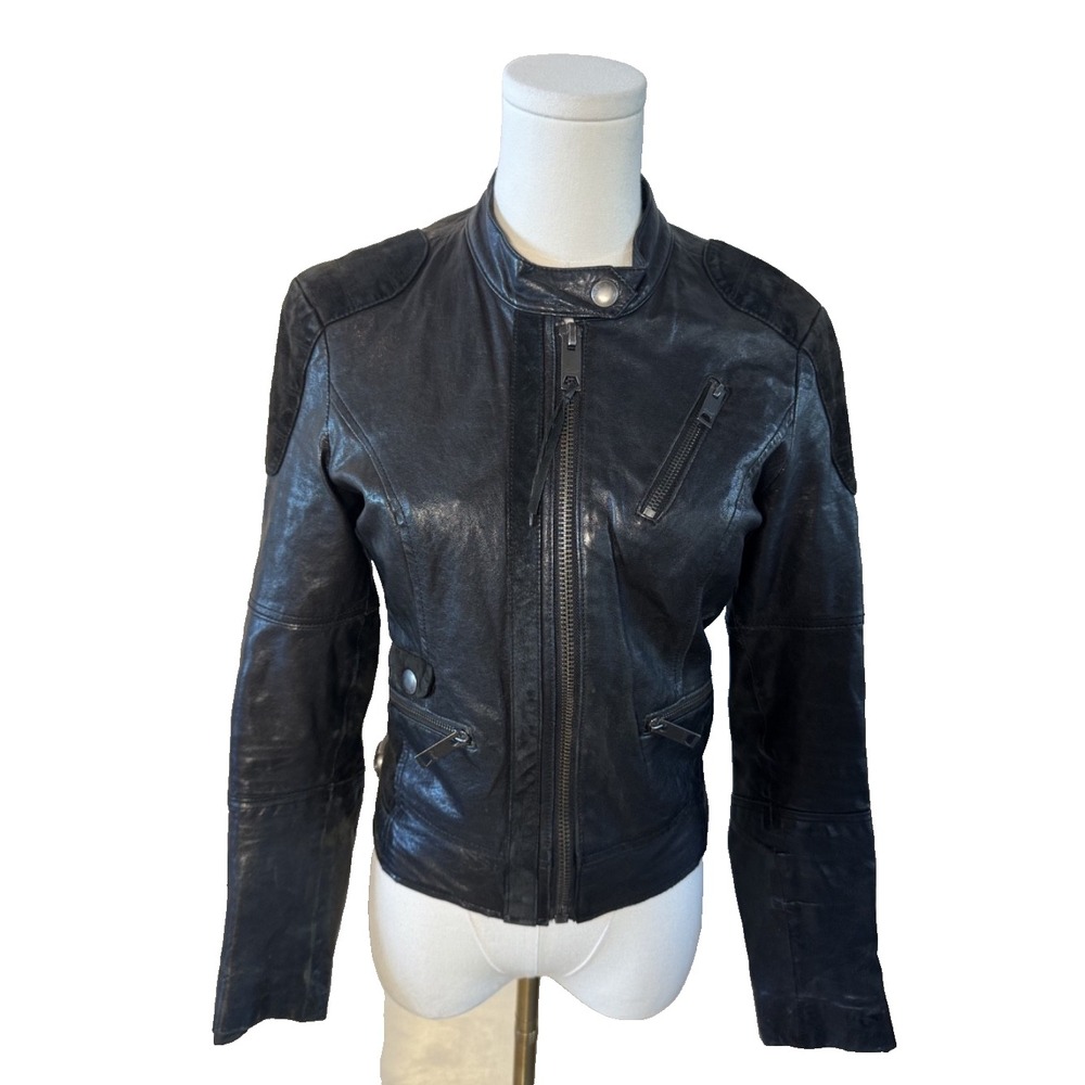 Vintage Levi's Women's Leather Moto Jacket Black Red Aztec Lining Small S Biker
